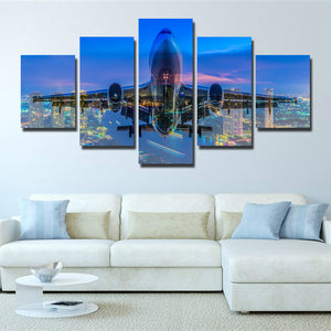 5 Panel Plane Cross City Nightscape Painting Canvas Prints-098 (2)