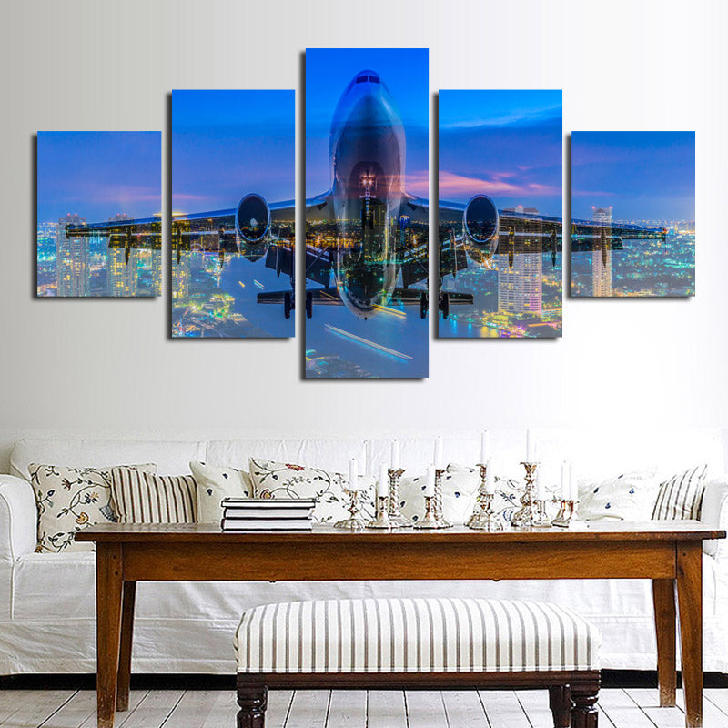5 Panel Plane Cross City Nightscape Painting Canvas Prints-098 (3)