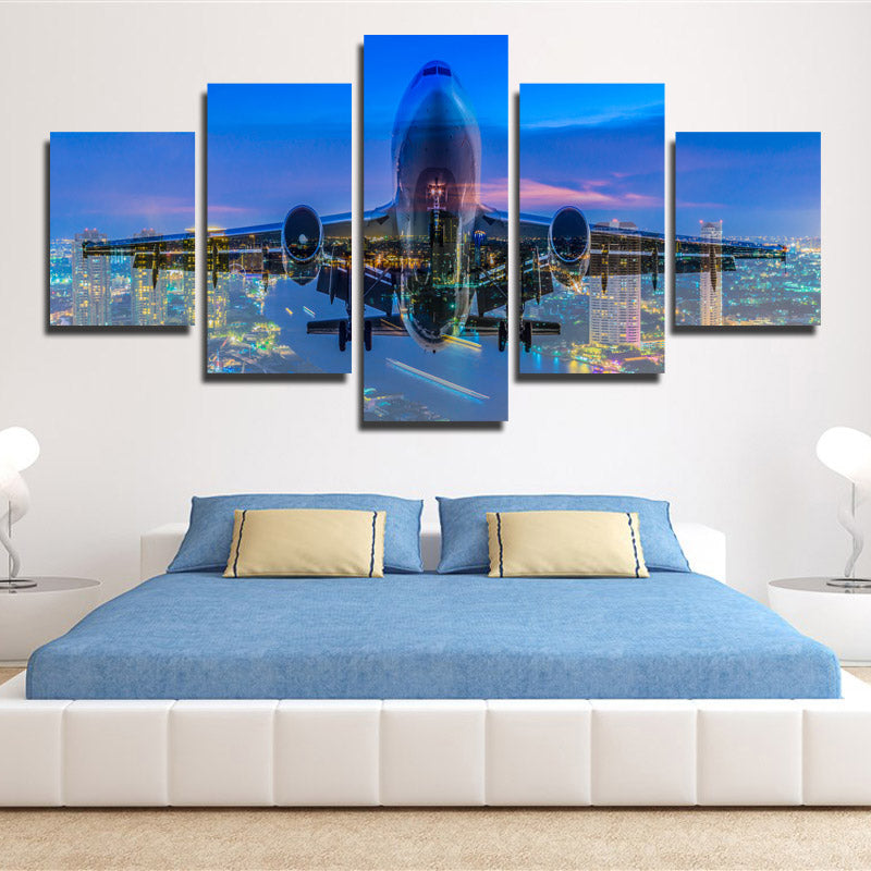 5 Panel Plane Cross City Nightscape Painting Canvas Prints-098 (4)