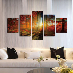 5 Panel Red Tree Forest Sunshine Canvas Print Painting-039 (1)