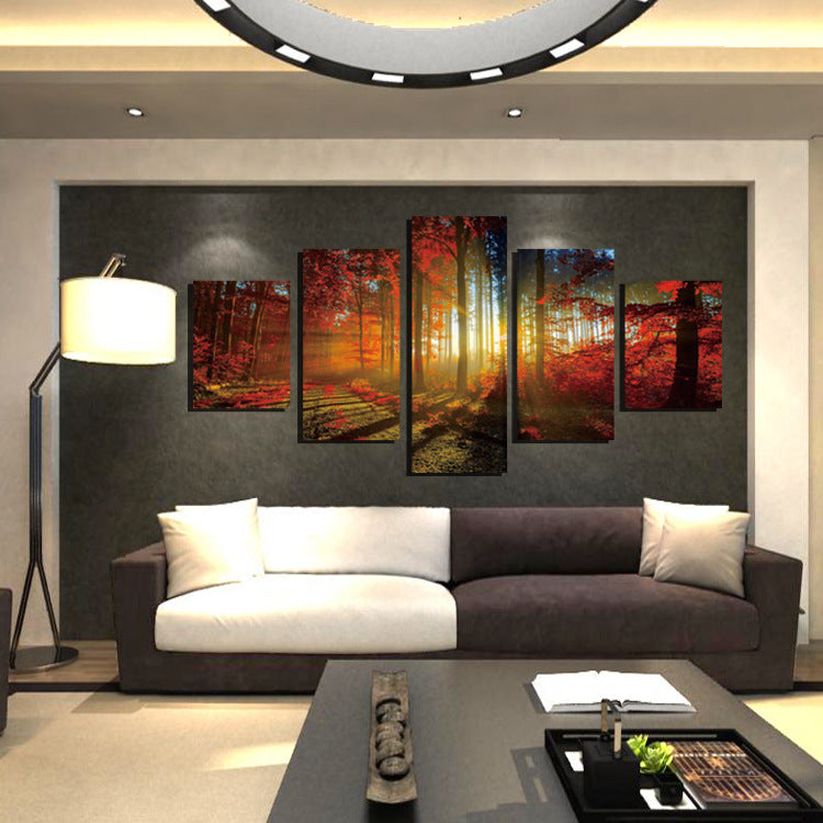 5 Panel Red Tree Forest Sunshine Canvas Print Painting-039 (2)