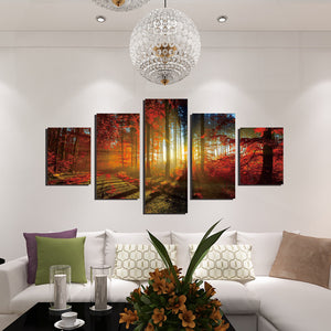 5 Panel Red Tree Forest Sunshine Canvas Print Painting-039 (3)