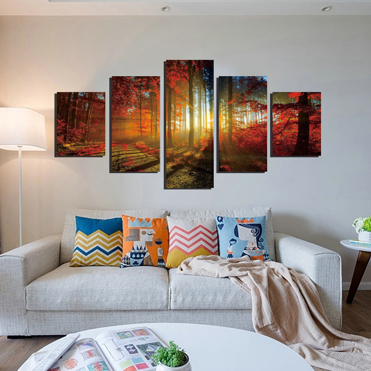 5 Panel Red Tree Forest Sunshine Canvas Print Painting-039 (4)