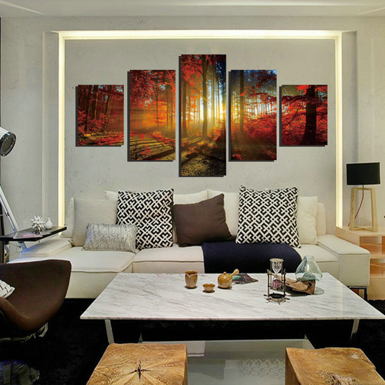 5 Panel Red Tree Forest Sunshine Canvas Print Painting-039 (5)