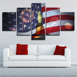 5 Panel Statue of Liberty and American Flag Fireworks Print Art-201 (1)
