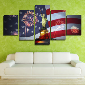 5 Panel Statue of Liberty and American Flag Fireworks Print Art-201 (2)