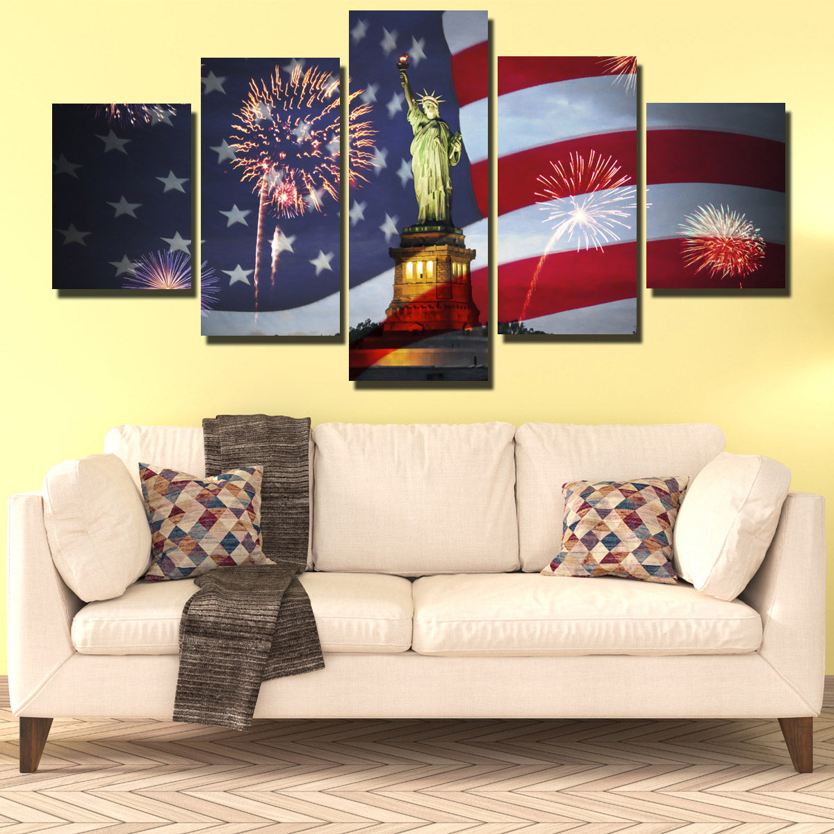 5 Panel Statue of Liberty and American Flag Fireworks Print Art-201 (3)