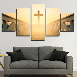 5 Panel Sunset Christian Cross Picture Canvas Prints Wall Art Poster-089 (1)