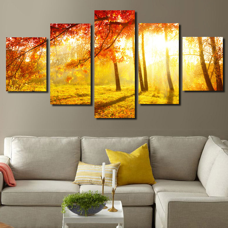 5 Panel Sunshine in Fall Forest Scenery Painting Canvas Print-079 (2)