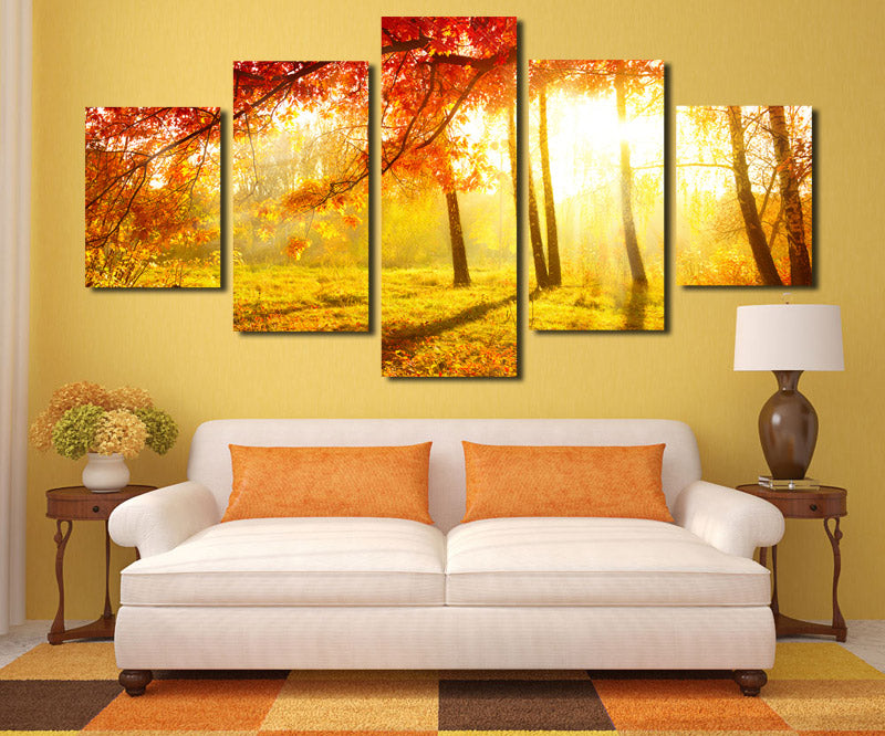 5 Panel Sunshine in Fall Forest Scenery Painting Canvas Print-079 (3)