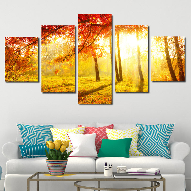 5 Panel Sunshine in Fall Forest Scenery Painting Canvas Print-079 (4)