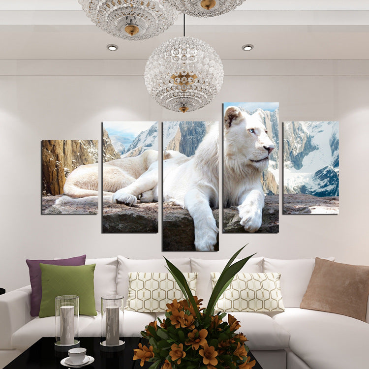 5 Panel White Lion Canvas Painting Animal Prints-030 (1)