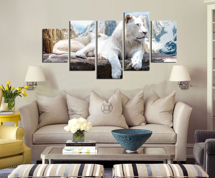 5 Panel White Lion Canvas Painting Animal Prints-030 (2)