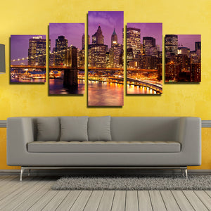 5 Piece New York Manhattan Brooklyn Bridge Night Landscape Canvas Prints Art-085 (1)