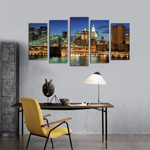 5 Panel New York City Brooklyn Bridge Nightscape Canvas Print-040(2)