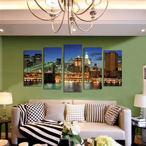 5 Panel New York City Brooklyn Bridge Nightscape Canvas Print-040(3)