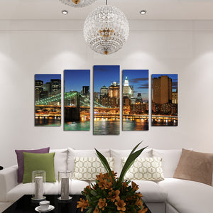 5 Panel New York City Brooklyn Bridge Nightscape Canvas Print-040(1)