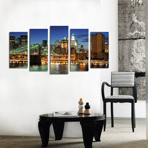 5 Panel New York City Brooklyn Bridge Nightscape Canvas Print-040(5)