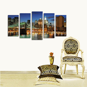 5 Panel New York City Brooklyn Bridge Nightscape Canvas Print-040(4)