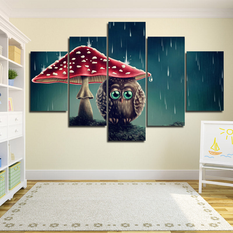 Cartoon Animal Painting 5 Panel Owl Under the Mushrooms Canvas Print-130