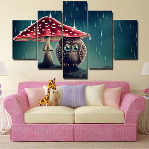 Cartoon Animal Painting 5 Panel Owl Under the Mushrooms Canvas Print-130 (1)