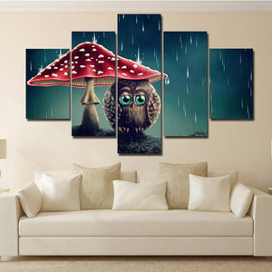 Cartoon Animal Painting 5 Panel Owl Under the Mushrooms Canvas Print-130 (2)