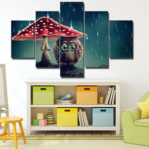 Cartoon Animal Painting 5 Panel Owl Under the Mushrooms Canvas Print-130 (3)