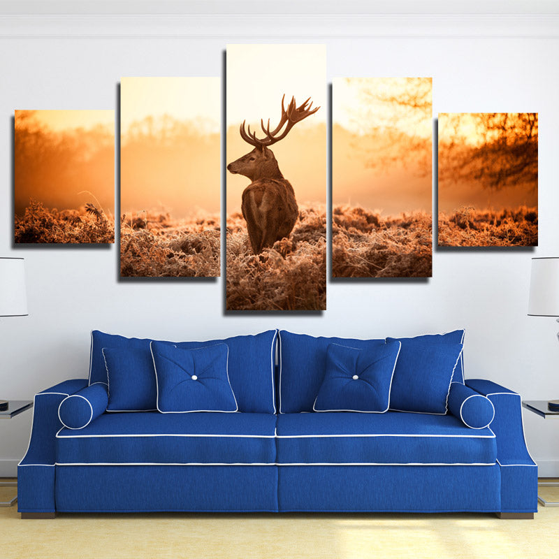 Deer Canvas Print 5 Panel Sunrise Scenery Painting-114 (1)