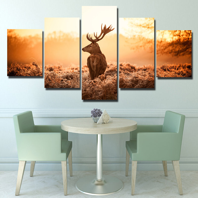 Deer Canvas Print 5 Panel Sunrise Scenery Painting-114 (4)