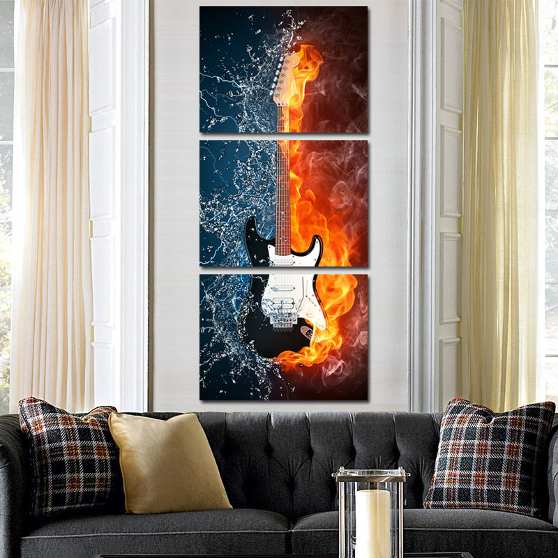 Guitar in Fire and Water 3 Panel Canvas Print Wall Painting Decor Art-119 (1)
