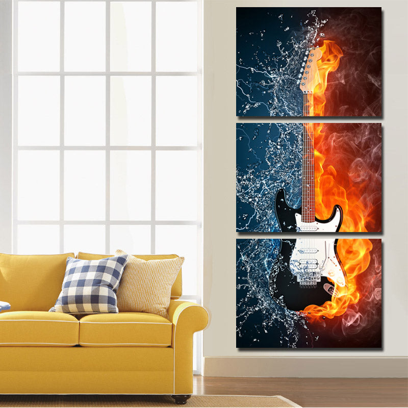 Guitar in Fire and Water 3 Panel Canvas Print Wall Painting Decor Art-119 (2)