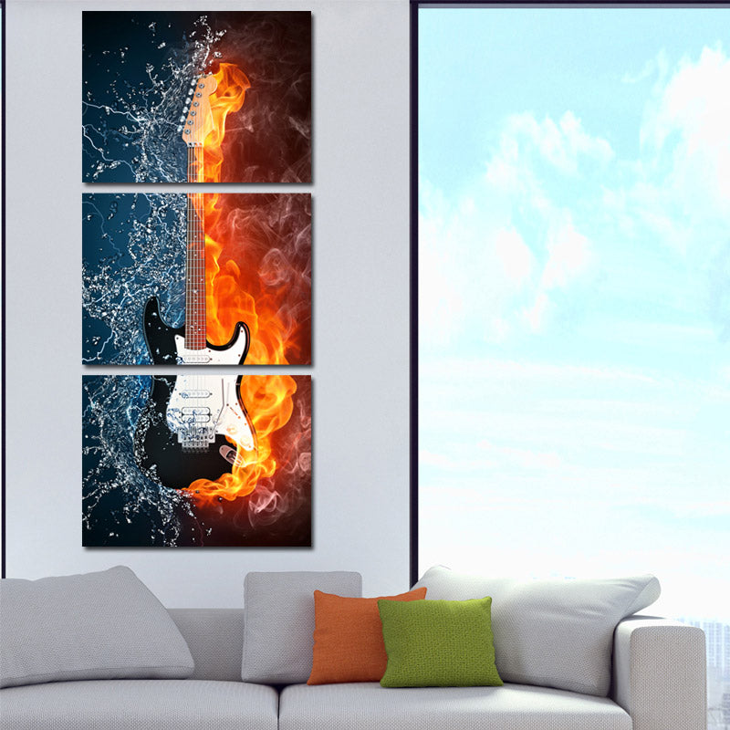 Guitar in Fire and Water 3 Panel Canvas Print Wall Painting Decor Art-119 (3)