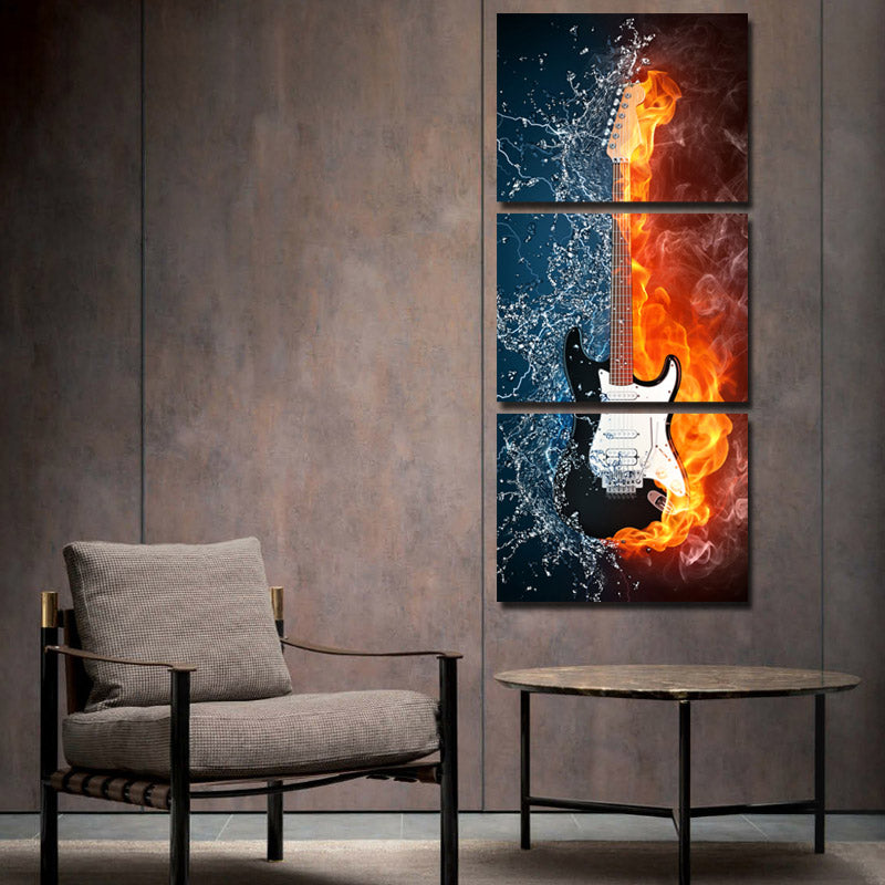 Guitar in Fire and Water 3 Panel Canvas Print Wall Painting Decor Art-119 (4)