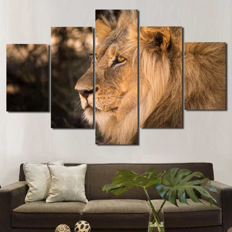   Lion Staring Print Picture 5 Panel Wall Art Animal Canvas Painting-123 (1)