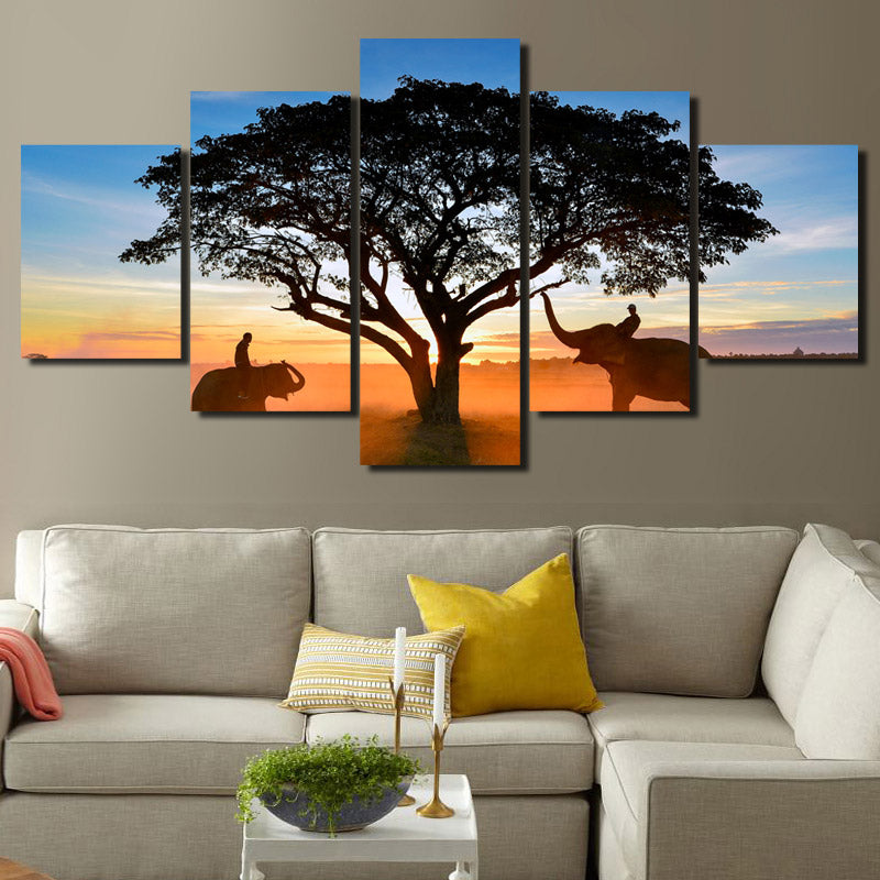  Sunrise Landscape Elephant Art Painting 5 Panel Canvas Print Picture-109 (1)