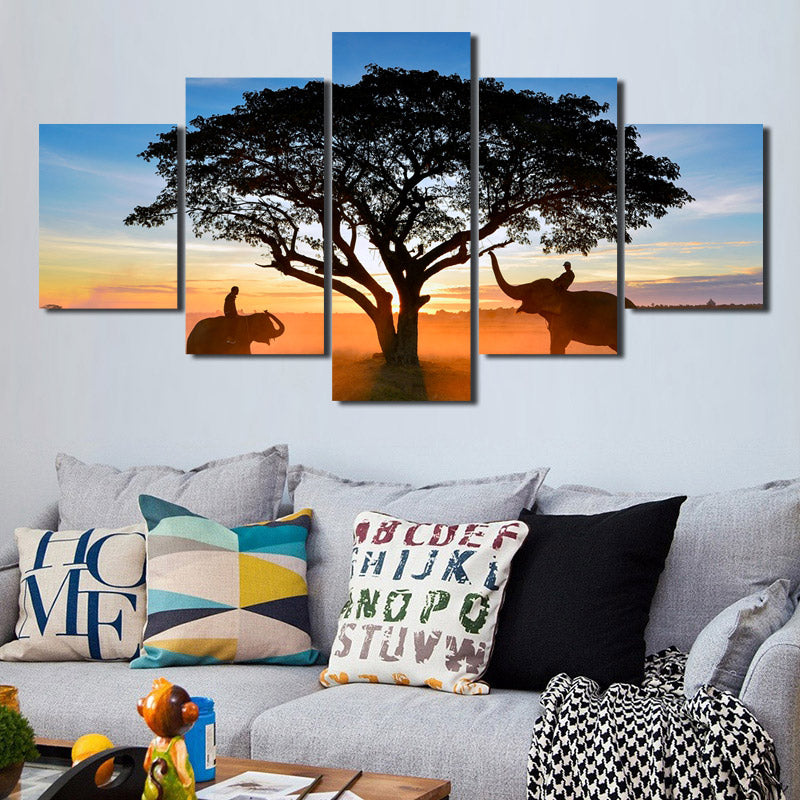  Sunrise Landscape Elephant Art Painting 5 Panel Canvas Print Picture-109 (2)