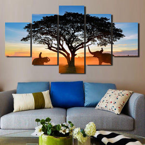  Sunrise Landscape Elephant Art Painting 5 Panel Canvas Print Picture-109 (3)