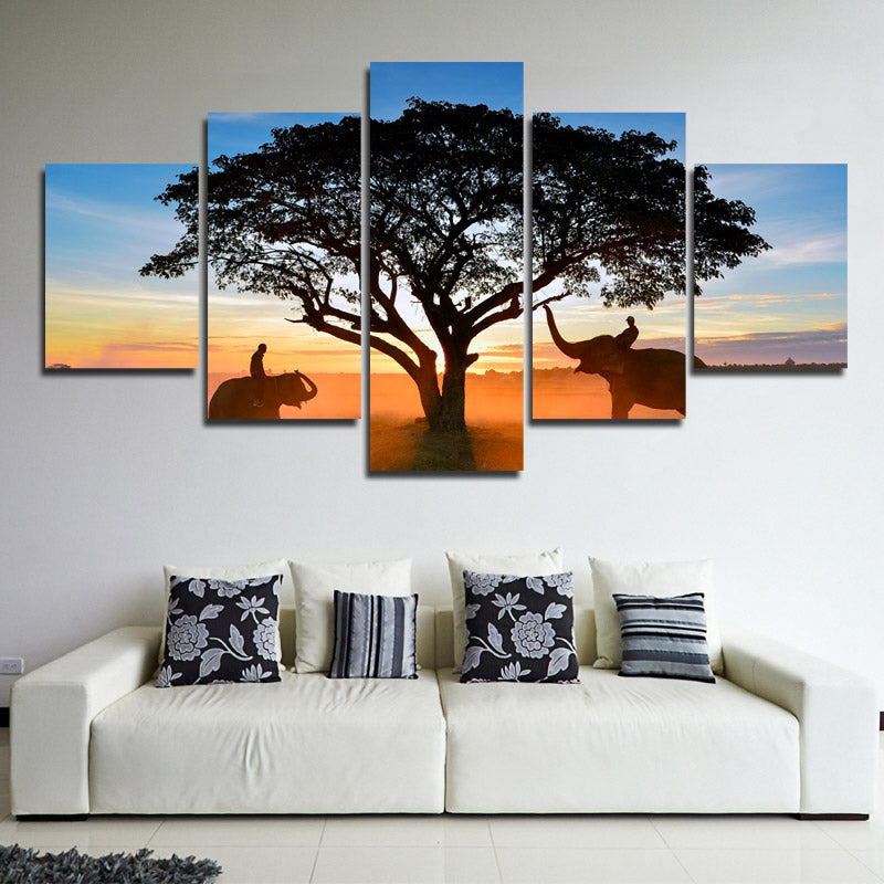  Sunrise Landscape Elephant Art Painting 5 Panel Canvas Print Picture-109 (4)