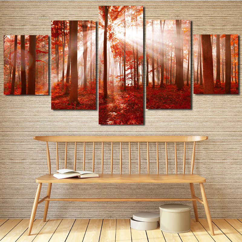 Sunshine Red Forest Canvas Painting 5 Panel Print Wall Art Picture Decor-118 (2)
