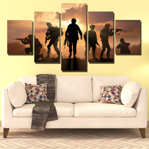 US Military Silhouettes 5 Panel Soldier Sunset Canvas Wall Art Print Poster-166 (1)