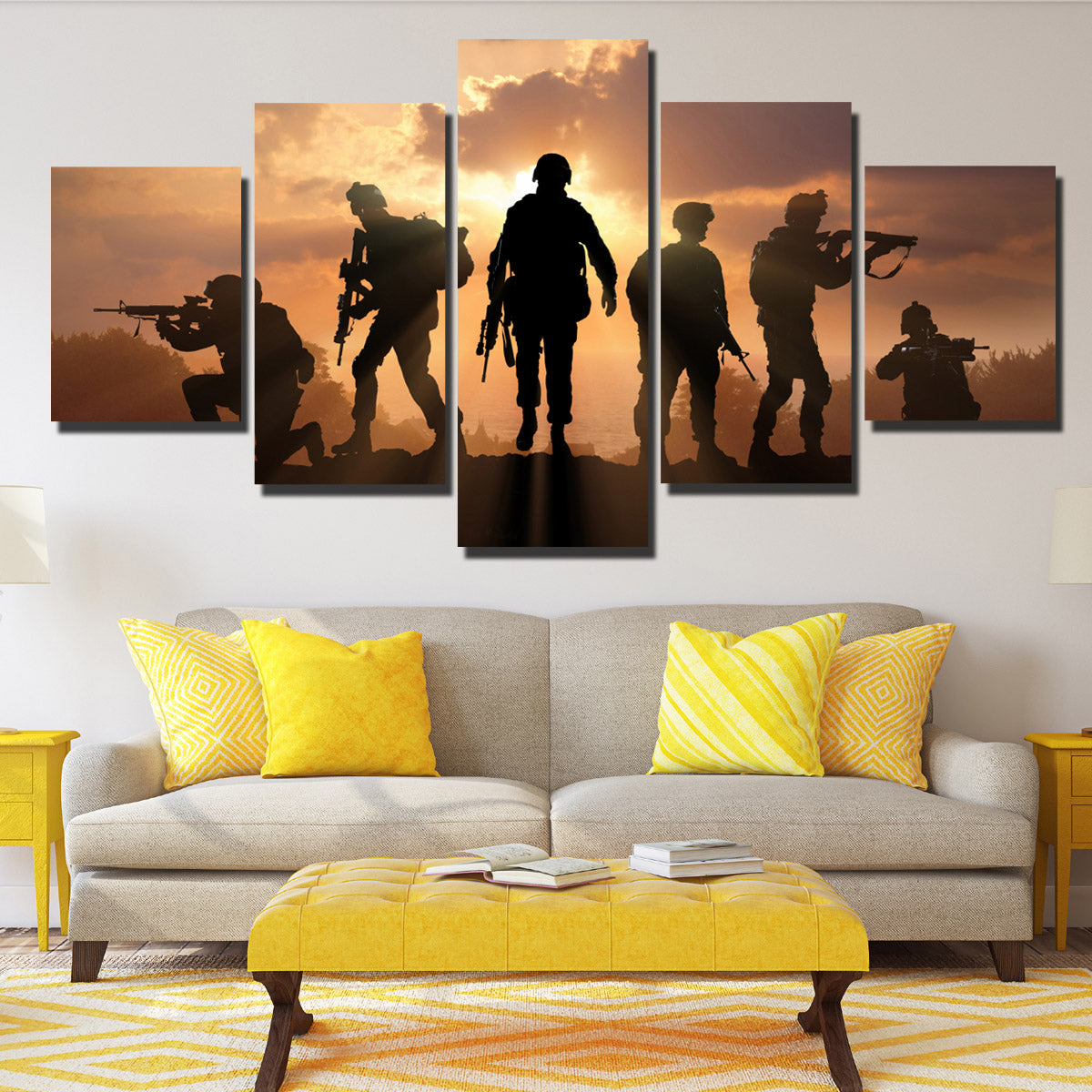 US Military Silhouettes 5 Panel Soldier Sunset Canvas Wall Art Print Poster-166 (3)