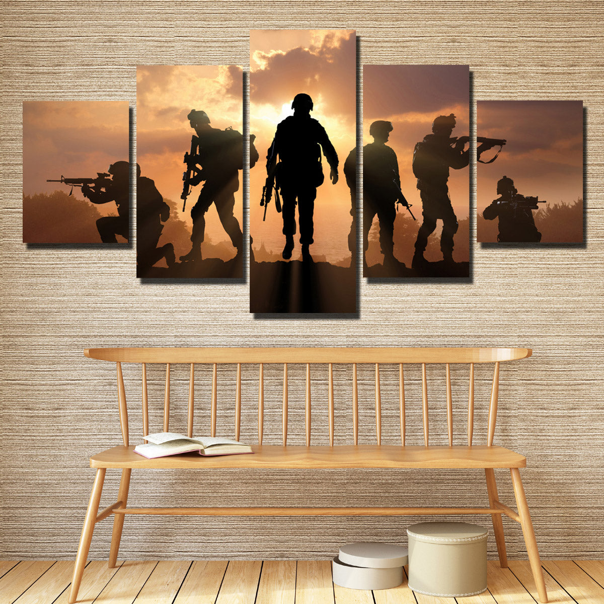 US Military Silhouettes 5 Panel Soldier Sunset Canvas Wall Art Print Poster-166 (4)