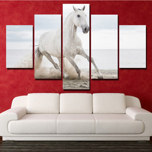 White Horse Runs On Beach 5 Panel Canvas Print Painting Wall Art Picture-127 (1)
