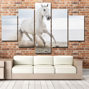 White Horse Runs On Beach 5 Panel Canvas Print Painting Wall Art Picture-127 (2)