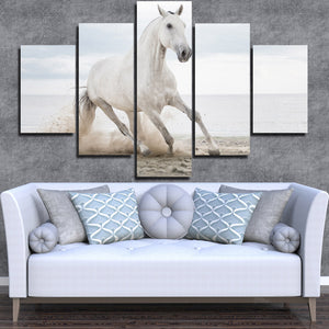 White Horse Runs On Beach 5 Panel Canvas Print Painting Wall Art Picture-127 (3)