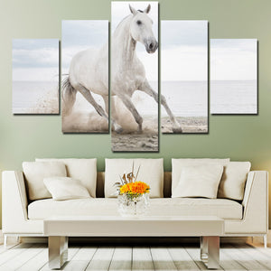 White Horse Runs On Beach 5 Panel Canvas Print Painting Wall Art Picture-127 (4)
