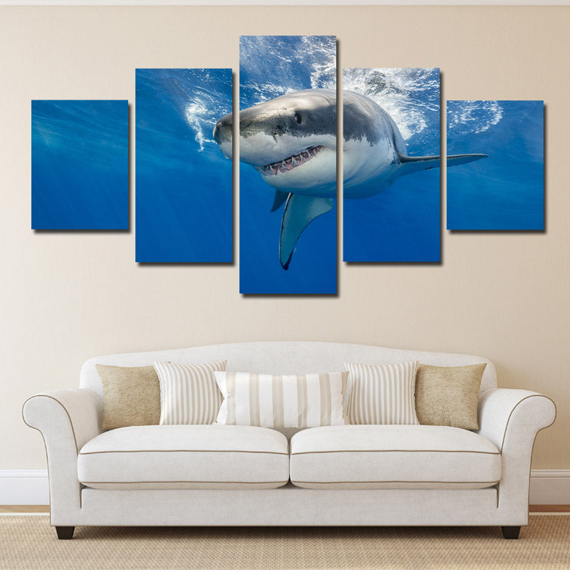 White Shark Swimming Print Picture 5 Panel Modern Canvas Wall Art Painting-116 (2)