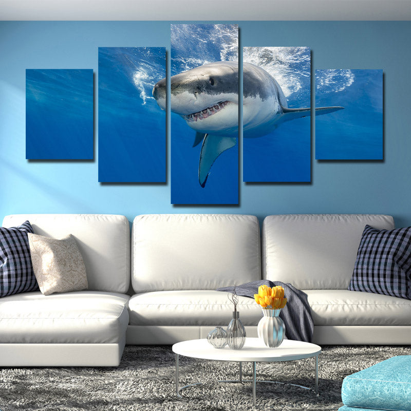 White Shark Swimming Print Picture 5 Panel Modern Canvas Wall Art Painting-116 (3)