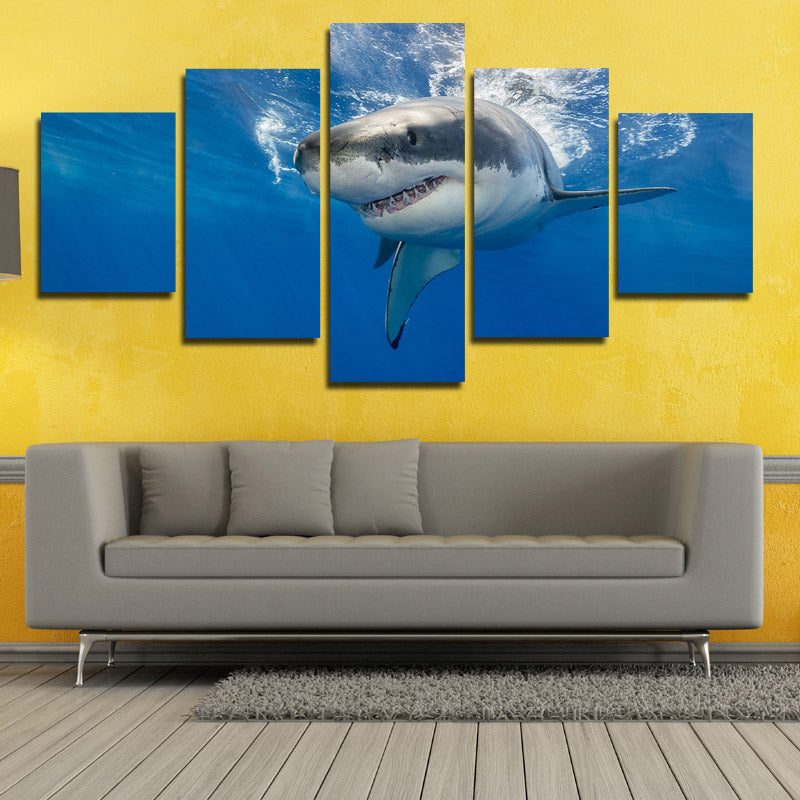 White Shark Swimming Print Picture 5 Panel Modern Canvas Wall Art Painting-116 (4)