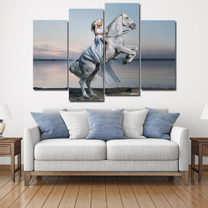 Woman with White Horse Canvas Print 4 Panel Modern Wall Art Painting-126 (1)